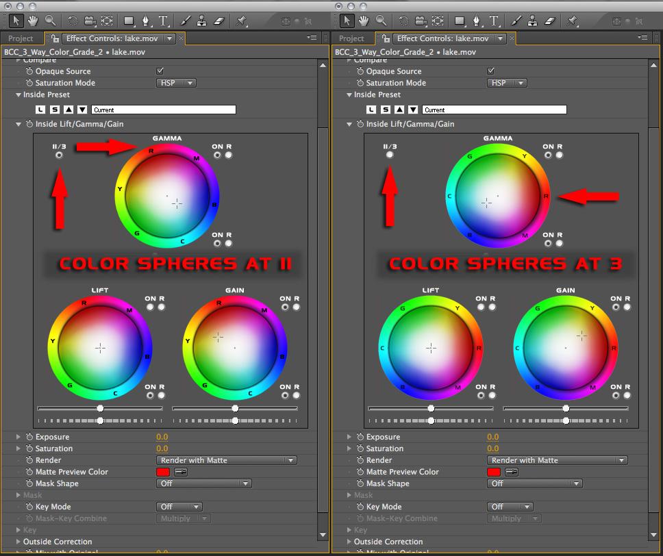 Each color sphere has a control point that is used to adjust hue and saturation.