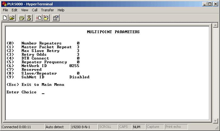 Main Menu Option (5): Edit Multipoint Parameters Figure 5: Multipoint Parameters Shown below are example settings. Please refer to supplied configuration sheets for your modem s configuration.