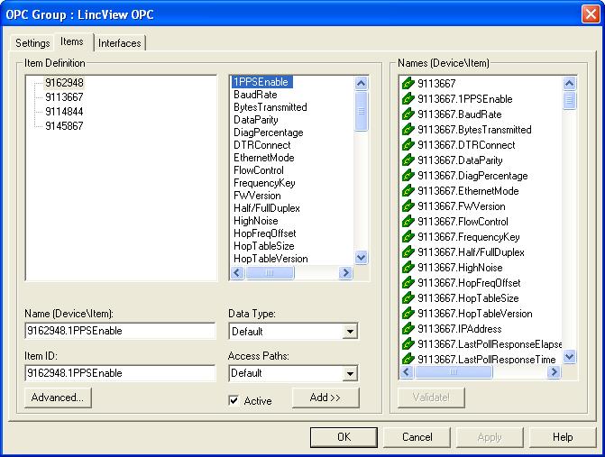OPC Data Availability Format Each radio in the network is presented by the OPC server and contains 54 diagnostic tags. Below is an example of how a default OPC server might register on an OPC client.