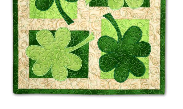 Item #87607 Fabrics Green: ⅓ yd for 2 blocks, 2 shamrocks and binding Light Green: 12 x 12 for 2 blocks, 2 shamrocks Ivory: ¹/₈ yd for block borders Backing: 14 x 14 fabric of choice Other Materials