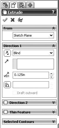 The Extrude menu then appears on the screen in the Feature Manager area (Figure 1-21). Set the parameters for the extrusion: Direction One = Blind Distance1 = 0.