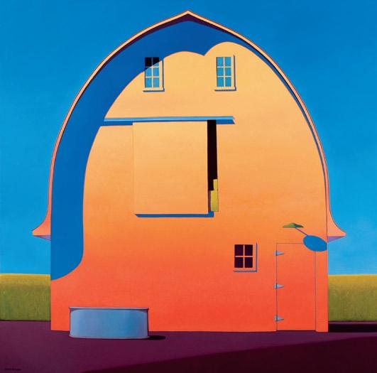 Martha Pettigrew, Barn Near Wood River, oil on canvas, 60 x 60 monumental feeling, the water tank and green light fixture were added for compositional interest, says Pettigrew.