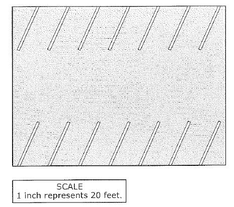 16. A rectangular parking lot is represented by the scale drawing below. Use the ruler provided to easure the length and width of the rectangle to the nearest inch.