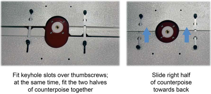 Attach right half of counterpoise to grounding strips: Fit the keyhole slots over the two thumbscrew knobs located at the front of the Model 3301C.