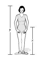 12) When artists draw a female figure like the one in this picture, the realistic ratio of the distance from the hip to the toe (x) to the height of the woman (y) is 0.613.