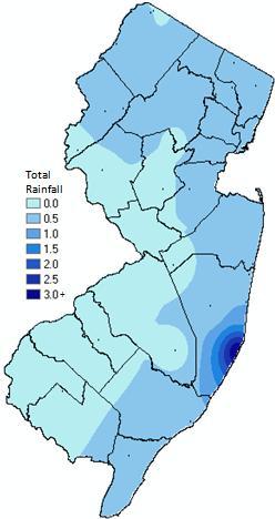 Data points are from weather stations maintained through the New Jersey Weather & Climate Network and the State Climatologist. Interpolation between points was performed using ArcMap 9.