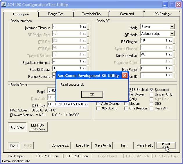 APPENDIX IV - SYNC TO CHANNEL 61 Figure 17: Configure Page - Read Successful 6. To configure the hop master, change the Mode to Server and select Broadcast.
