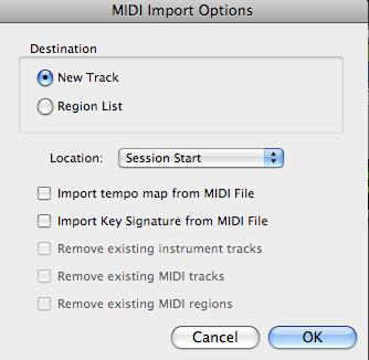 Then open Pro Tools, start a brand new, blank session, and go to File>Import>MIDI. Locate where a MIDI file might be on your computer, and click OK.