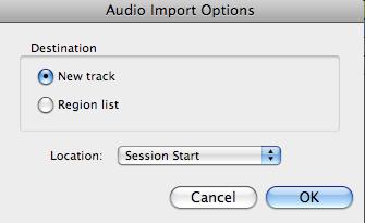 You ll probably not want to change these choices leave it set to New Track and Session Start this means that the audio will come into your session as a fresh track, at the start of your session (zero