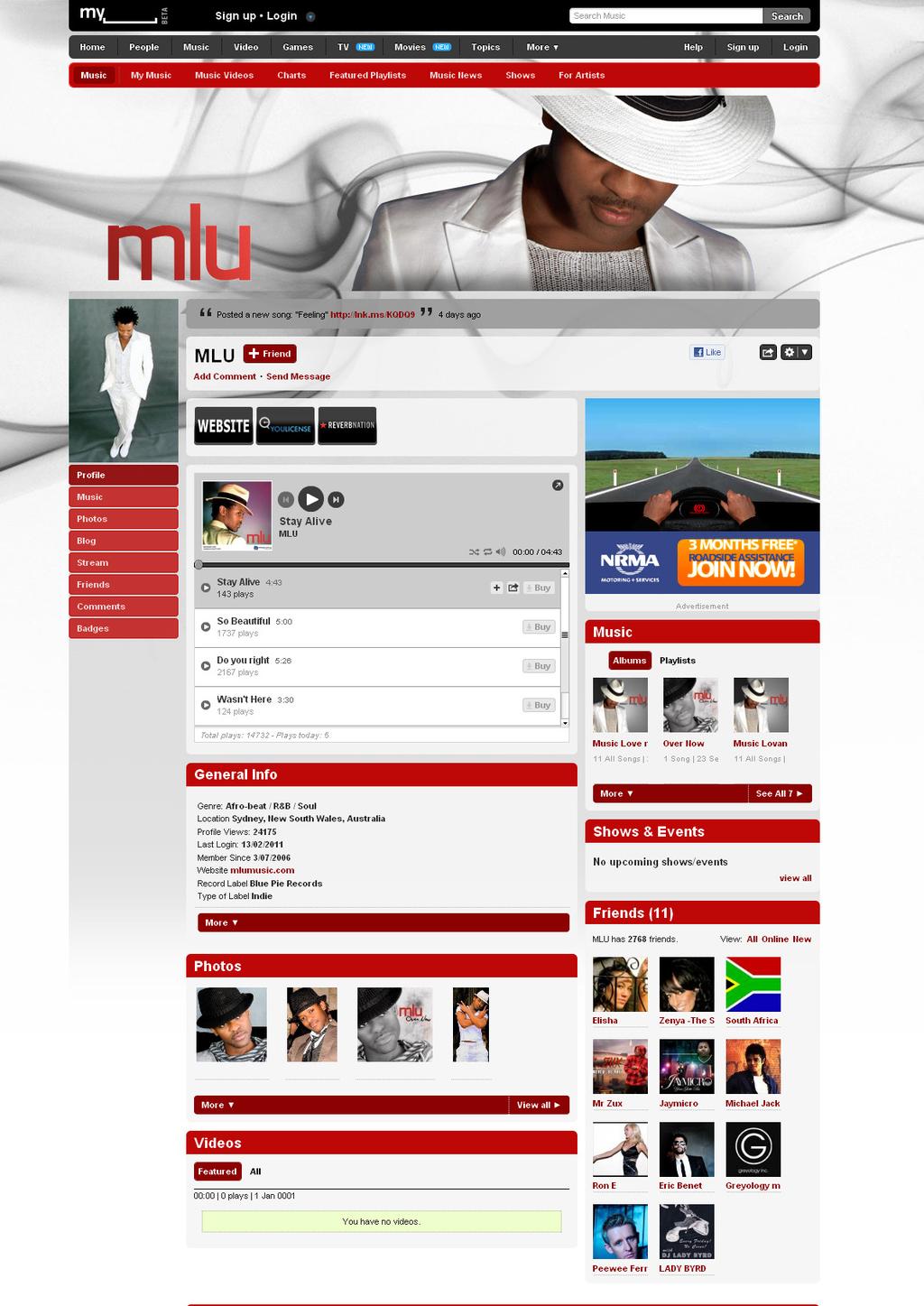 MYSPACE SITE MLU MySpace Site Custom Header Representing the Artist All Tracks Uploaded to MySpace for Fans to Listen General Information on the Artist, Website Links, Music