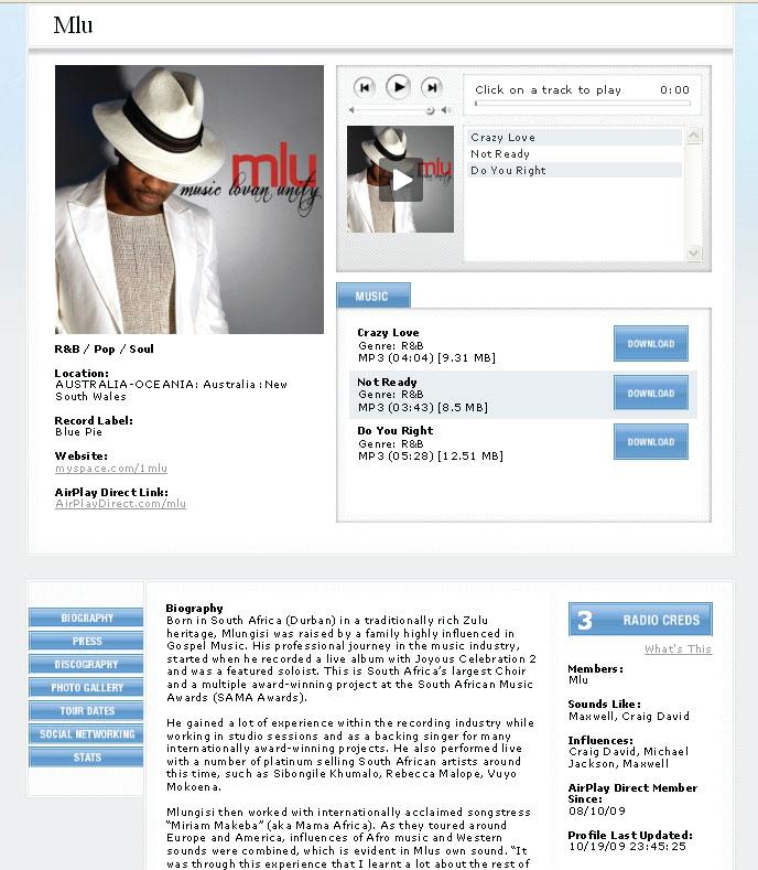 AIRPLAY DIRECT SITE The three tops tracks of the Artist are uploaded for radio to download Personalised Page for Artist + URL