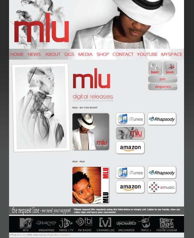 WEBSITE MLU Website Shop Page Displays all releases of the artist Links to the artists