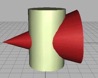 Problem: A cylinder of 80 mm diameter and 100 mm axis is completely penetrated by a cone of 80 mm diameter and 120 mm long axis horizontally.
