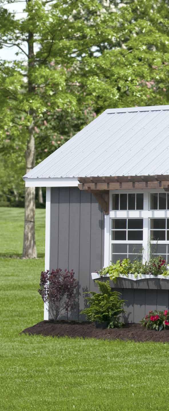 Garden Shed Base Model Includes 8 Pitch Metal Roof 4x8 Porch w/ Pergola 4 loft (1) Set large Shutters 6x8