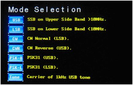 Figure 6: Mode Selection Screen On the mode selection screen, you can select the operating mode you desire, by touching the appropriate on-screen button, and it will switch to that mode and the mode