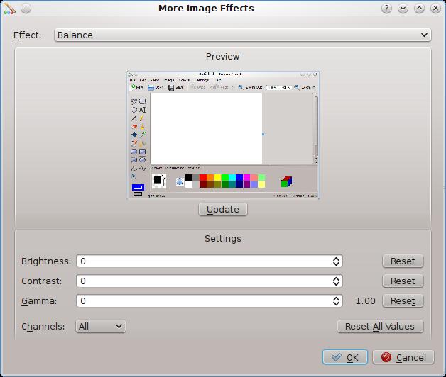 6.3 Balance This feature is accessible from the More Effects dialog. This allows you to set the brightness, contrast and gamma of the image or selection.