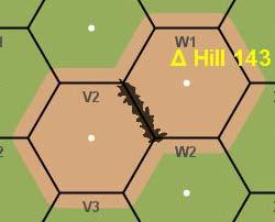 This Crest hexside equally divides Hill 143. Any vehicles in hexes V2 and W1 may not spot one another due to the fact that they are at Height 1, while the Crest hexside is at Height 2.