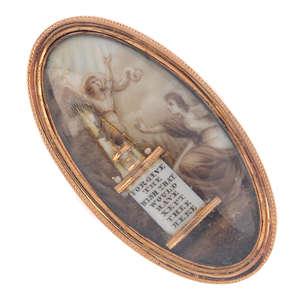Lot 5 A George III gold memorial ring. A George III gold memorial ring. Of oval shape, the glazed panel over a sepia scene of a mourning figure at a graveside and an angel, to the engraved inscription to the reverse.
