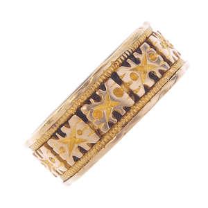 Lot 55 A late Victorian 18ct gold ring. A late Victorian 18ct gold ring. Designed as a series of abstract panels, with rope-twist edge. Hallmarks for Birmingham, 1894. Ring size L1/2.