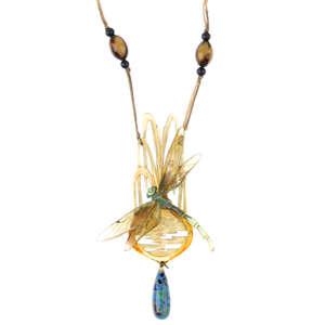 BONTÃ - an Art Nouveau carved horn necklace. AF. Designed as a bead drop, suspended from a horn dragonfly, pond and reed openwork panel, to the cord necklace with bead and horn highlights.