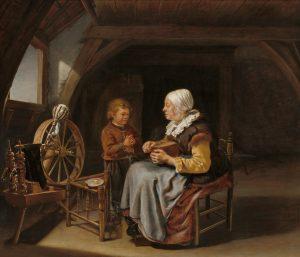 This early work, datable to 1650 55, shows an elderly couple in a simple interior, the man lighting his pipe with a burning coal, the woman plucking a duck.