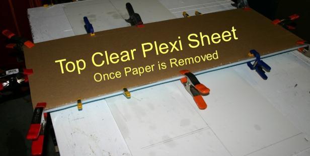 Once the plexi is cut, remove the paper from one side. The glue can be added to the top of the risers (Not Center Support).