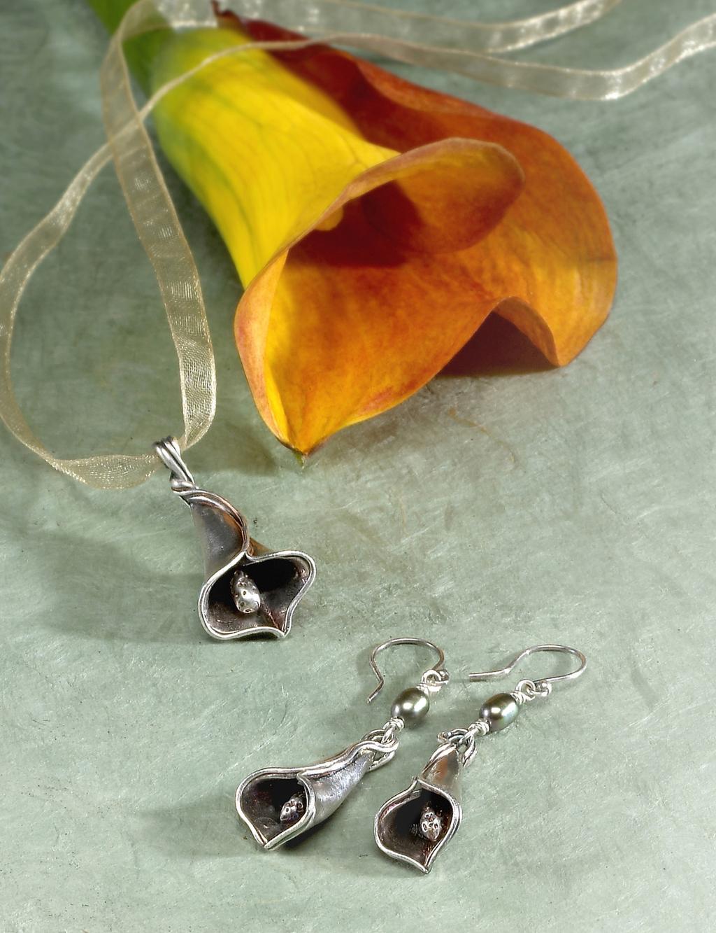 The organic bell shape of the calla lily makes a graceful jewelry component. The pendant is 1½ x ¾ in. (38 x 19mm), and the earrings are 2 x ½ in.