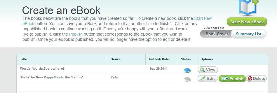 When you have completely finished your book, it is time to Publish it. Choose CLOSE from the Create an ebook page.
