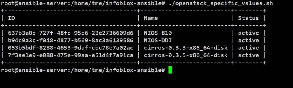 source admin-openrc 9. To get parameters required to run ansible playbook execute openstack_specific_values.sh script by running following command./openstack_specific_values.sh 10.