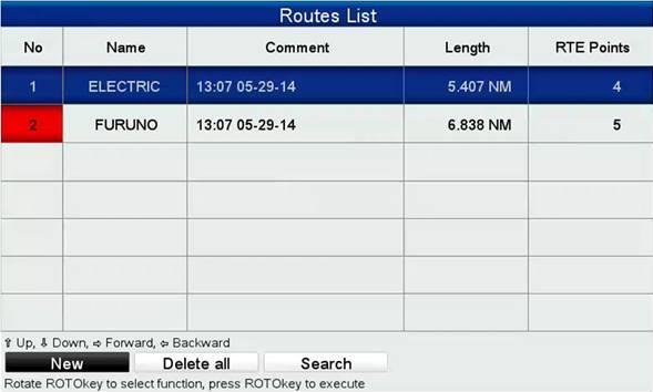 Highlighted in red Route Name: ELECTRIC Route Name: FURUNO 3-8 Track Point Indication on Menu The number of saved track points is indicated on the track menu,