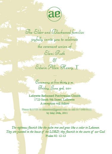 Blackwood Wedding Project: Invitations and Programs So the theme of this wedding was a passage to Psalm 92 which likens the righteous to a cedar.