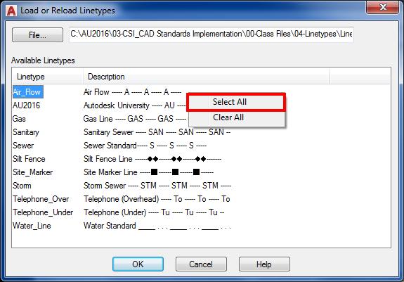 8. Select the file > Right-click > Select all > Load all linetypes.