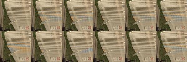 Figure 5. Comparison of fence portion of demosaiced images by different algorithms for img8 (lighthouse): top-down and left-right, original, algorithms 1-11 respectively. Figure 6.