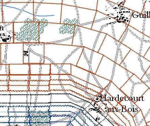 place. Movement areas can hold two brigades/regiments of troops and are used to regulate movement. The figure above shows an example of the map in the area of Hardecourt-aux-Bois.