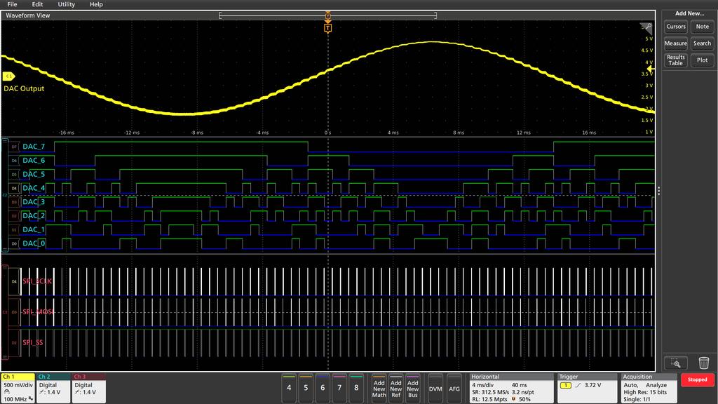 Datasheet FlexChannel 2 has a TLP058 Logic Probe connected to the eight inputs of a DAC. Notice the green and blue color coding, where ones are green and zeros are blue.