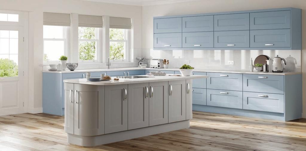 Solent Denim Blue & Grey Mist Soft tones, combined with the matt paint effect vinyl, within the Solent door, bringing gentle style to any home while maintaining clean, smooth, flowing lines with the