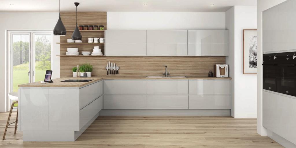 Integra Grey Mist Gloss Integra Grey Mist Gloss within this design, has been subtly mixed with Driftwood shelving,