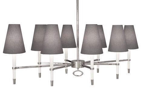 CHANDELIER Tapered wood with natural linen shades Available in ivory and nickel, ebony and nickel, or ebony