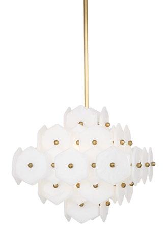 VIENNA SMALL CHANDELIER Nearly opaque, hexagon-shaped Pulegoso glass with brass or polished nickel accents 20 Square, 18 H Min Drop: 29, Max Drop: 65