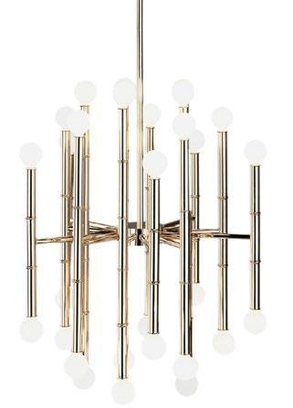 MEURICE CHANDELIER Faux-bamboo metal stems hold 30 exposed bulbs Available in brass,