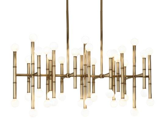 25 MEURICE RECTANGLE CHANDELIER Faux-bamboo metal stems hold 42 exposed bulbs