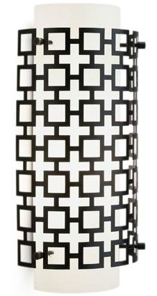 5 W, 4 D, 17 H PARKER SCONCE Our signature Nixon pattern rendered in laser-cut metal surrounding a frosted cased glass interior Available in antiqued