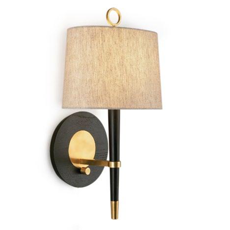 5 W, 8 H each Saddle/ brass Black/ nickel VENTANA HALF SHADE SCONCE Ebonized wood with nickel accents and natural linen shades 16 W, 8