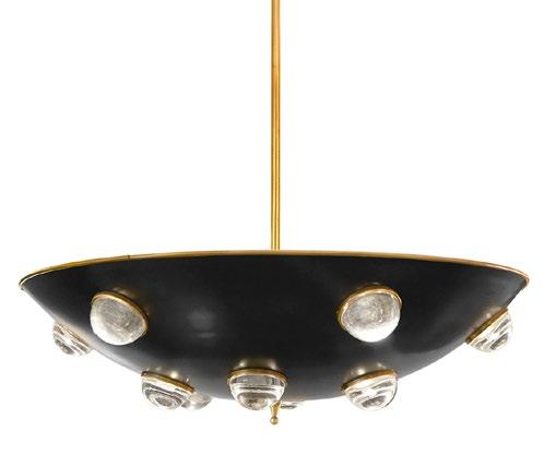 GLOBO DEMILUNE PENDANT Blackened steel with brass accents and 12 acrylic cabochons 31.5 Dia.