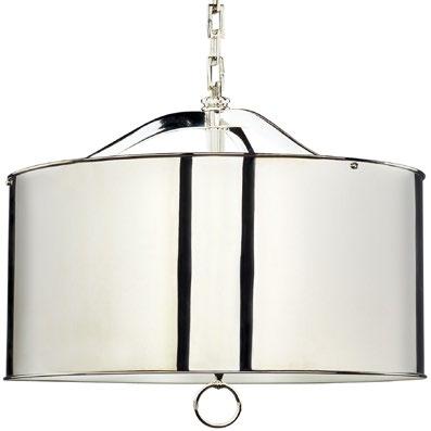 White Silver Orange Red Fuchsia Navy Taupe Black PORTER PENDANT Polished nickel base and shade with white painted interior 20.25 Dia., 16.75 H Min drop: 20.