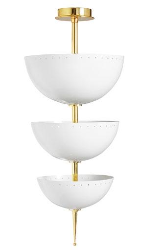 LISBON PENDANT Perforated ivory enameled metal with polished brass 12.5 Dia. Min drop: 30, Max drop: 66 VIENNA PENDANT Hexagonal Pulegoso glass linked and layered on a minimal polished nickel rod 11.