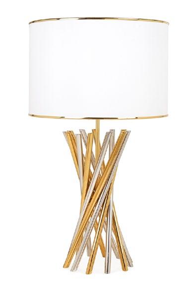 BERLIN TABLE LAMP Polished stainless steel cross base, brass orb, oyster faux silk shade with brass banding 18 Dia., 33 H Shade: 18 Dia.