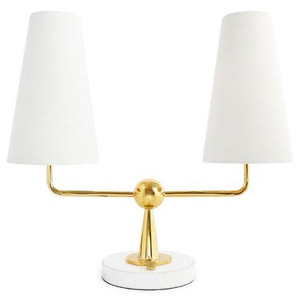 CARACAS TWO-LIGHT TABLE LAMP cones and spheres, a marble base, and linen shades 22 W, 6.5 D, 21 H Shades: 6.5 Dia.