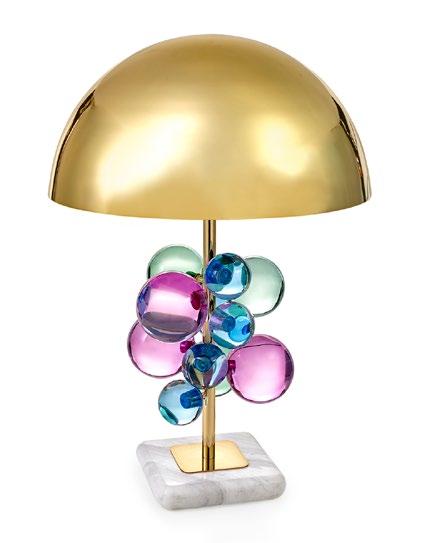 GLOBO TABLE LAMP Jewel-toned or clear acrylic spheres float on a slim brass stem with a marble base and brass dome shade 18 Dia., 25 H Shade: 18 Dia.