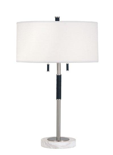 GENEVA TABLE LAMP Leather-wrapped stem with Carrara marble base and oyster linen shade Available in polished nickel with navy leather or brass with camel leather 16 Dia., 26 H Shade 16 Dia., 7.